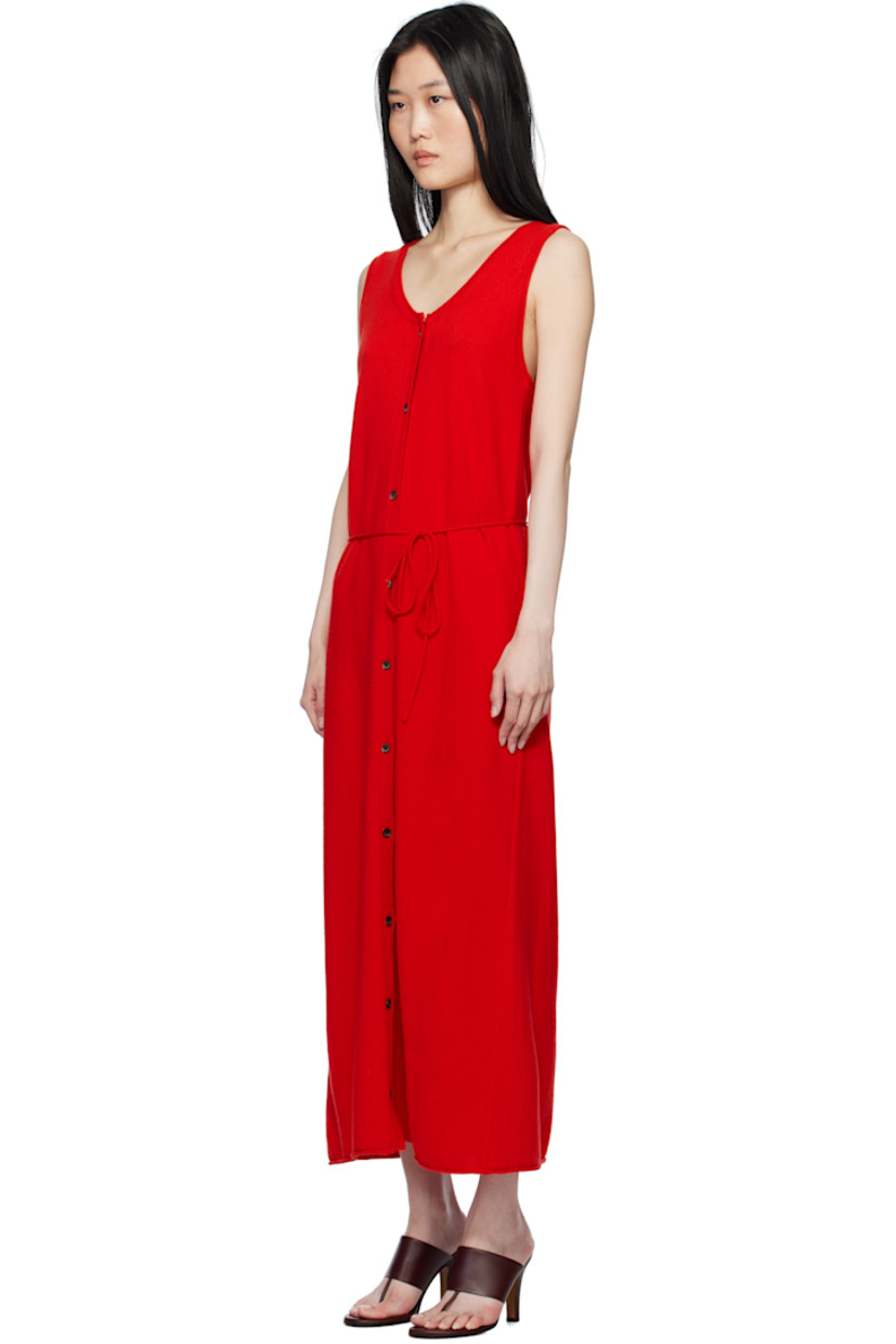 Knit wool-blend maxi dress.

· Rolled edge at scoop neck, hem, and armscyes
· Button closure 
· Detachable self-tie belt at waist 

Supplier color: Red