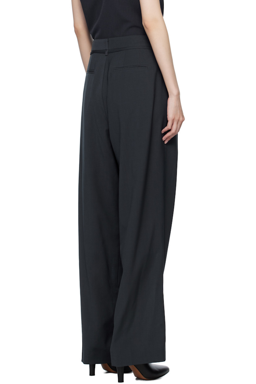 Stretch wool-blend twill trousers. 

· Belt loops 
· Removable self-tie belt
· Four-pocket styling
· Zip-fly
· Pleats at front
· Creased legs
· Full satin lining

Supplier color: Steel blue