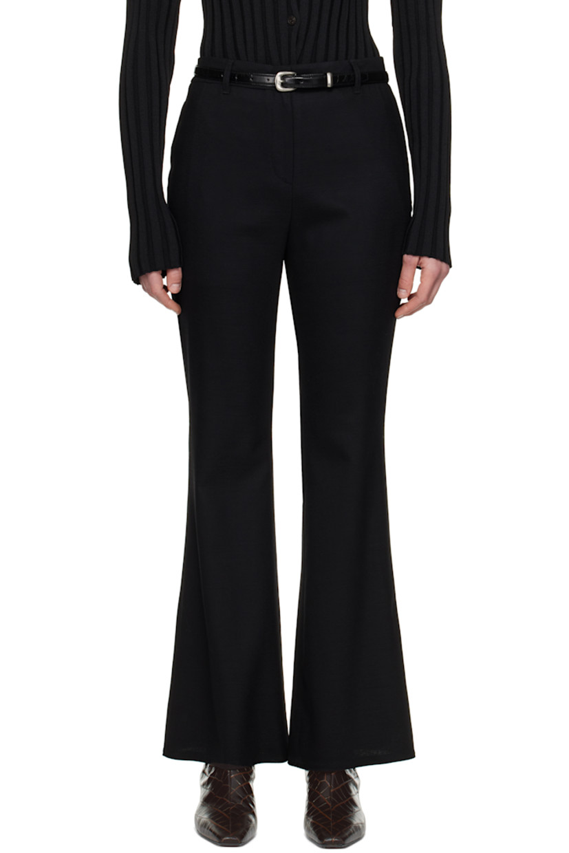 Flared stretch wool barathea trousers. 

· Belt loops and detachable pin-buckle belt
· Four-pocket styling
· Zip-fly
· Darts at back waistband 

Supplier color: Black