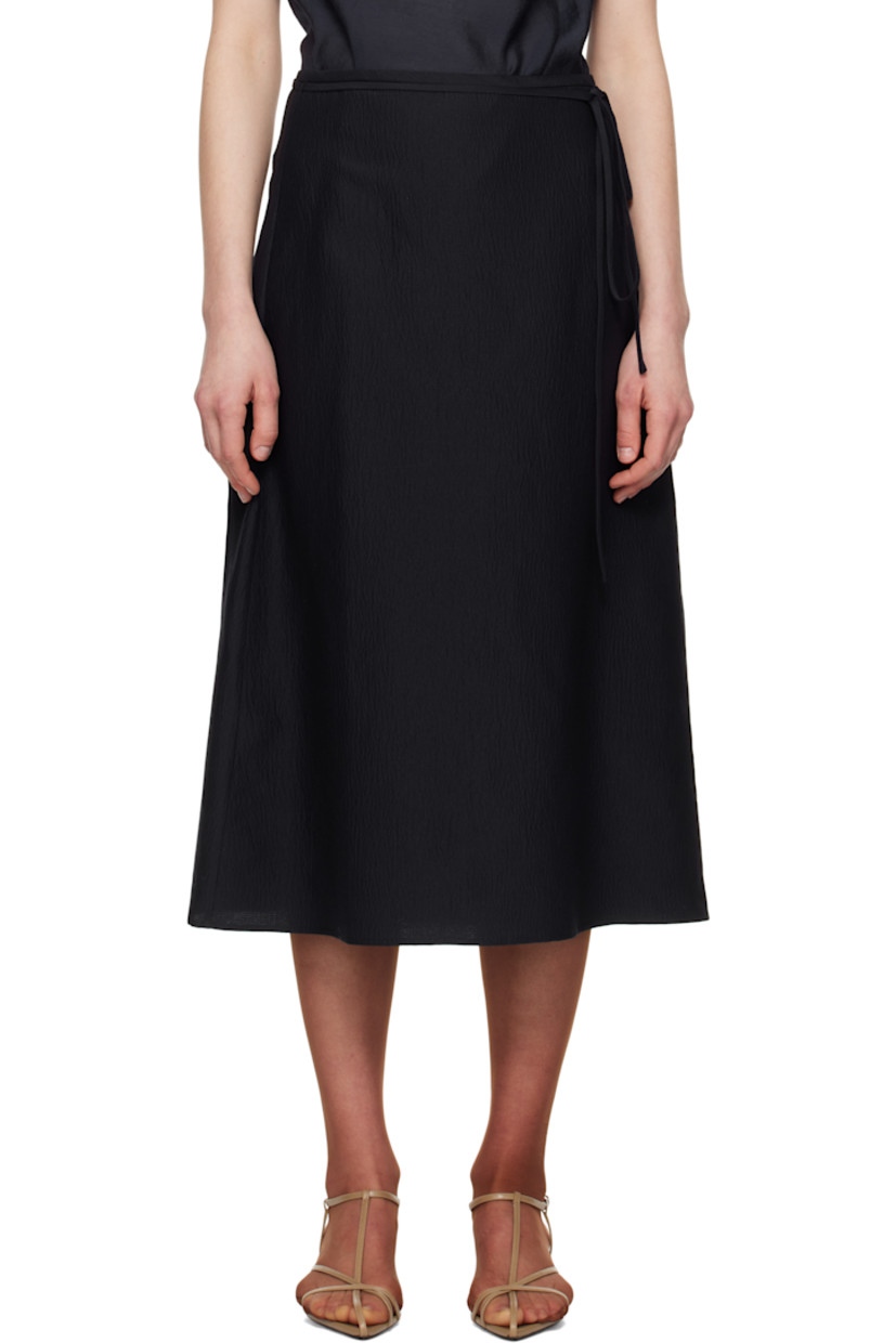 Wool- and silk-blend seersucker midi skirt. 

· Detachable self-tie belt 
· Concealed zip closure at side
· Darts at back waistband

Supplier color: Navy