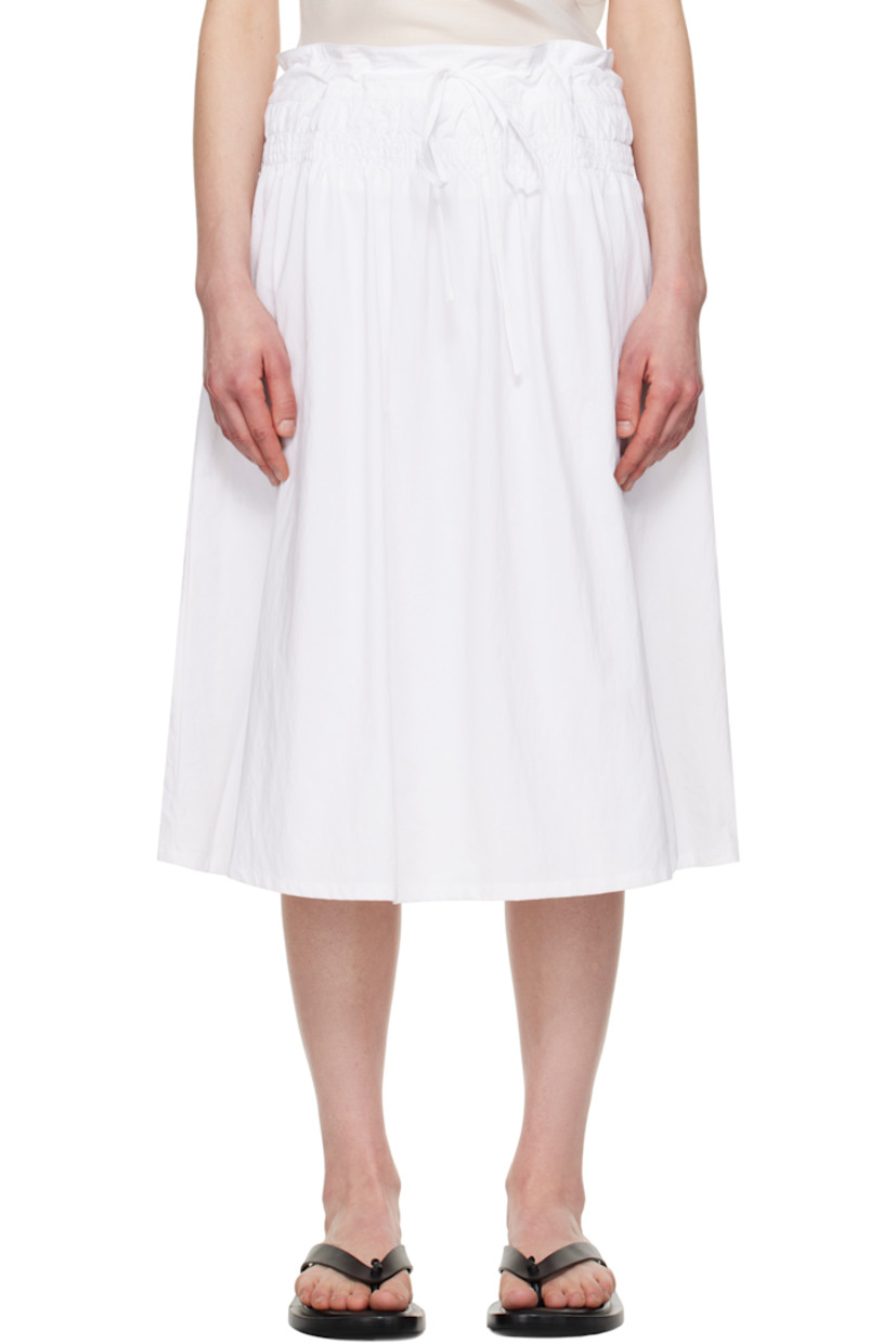 Nylon poplin midi skirt. 

· Drawstring and smocking at elasticized waistband 
· Full plain-woven cotton lining

Supplier color: White