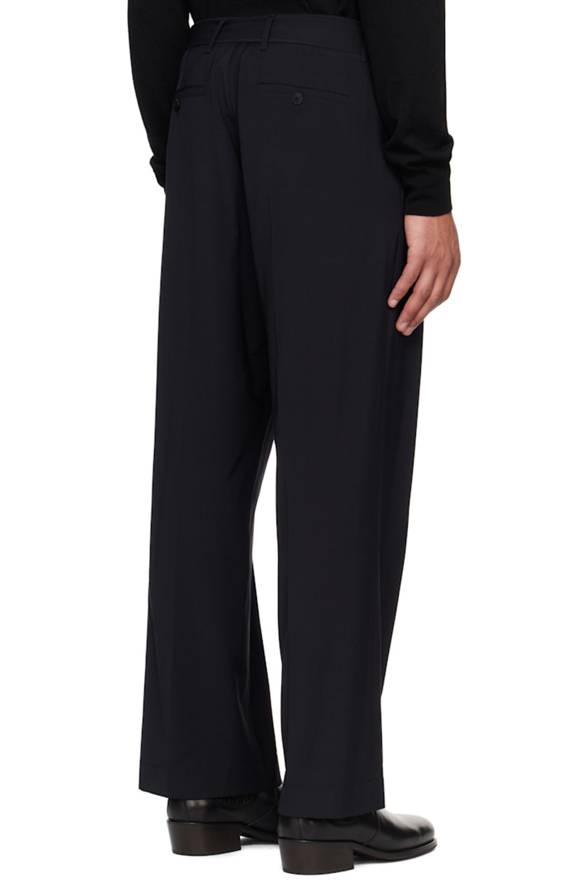 Lightweight stretch wool-blend twill trousers. 

· Belt loops and detachable cinch belt
· Four-pocket styling 
· Zip-fly
· Pleats at front 
· Creased legs

Supplier color: Navy