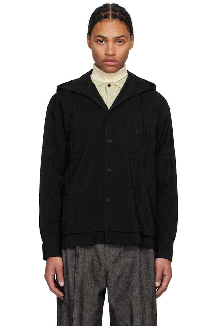 Rayon- and nylon-blend crêpe shirt.

· Layered construction
· Drawstring at hood
· Button closure 
· Pleats at single-button barrel cuffs

Supplier color: Black