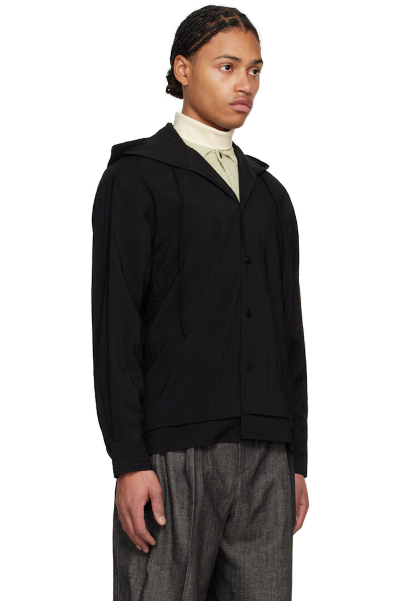 Rayon- and nylon-blend crêpe shirt.

· Layered construction
· Drawstring at hood
· Button closure 
· Pleats at single-button barrel cuffs

Supplier color: Black