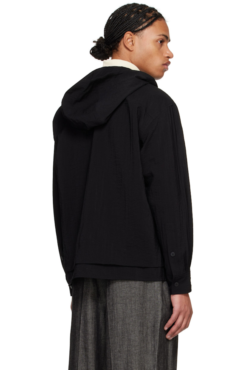 Rayon- and nylon-blend crêpe shirt.

· Layered construction
· Drawstring at hood
· Button closure 
· Pleats at single-button barrel cuffs

Supplier color: Black