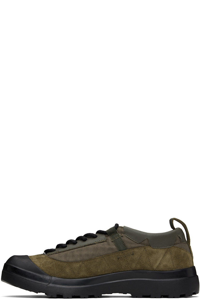 Low-top suede, grained calfskin, and canvas sneakers in tones of khaki.

· Rubber cap toe
· Lace-up closure
· Logo embroidered at tongue
· Pull-loop at heel tab
· Treaded Vibram® rubber sole

Supplier color: Martini olive