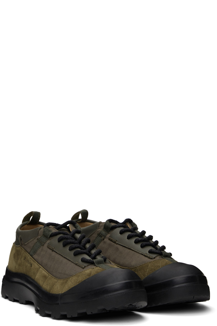 Low-top suede, grained calfskin, and canvas sneakers in tones of khaki.

· Rubber cap toe
· Lace-up closure
· Logo embroidered at tongue
· Pull-loop at heel tab
· Treaded Vibram® rubber sole

Supplier color: Martini olive