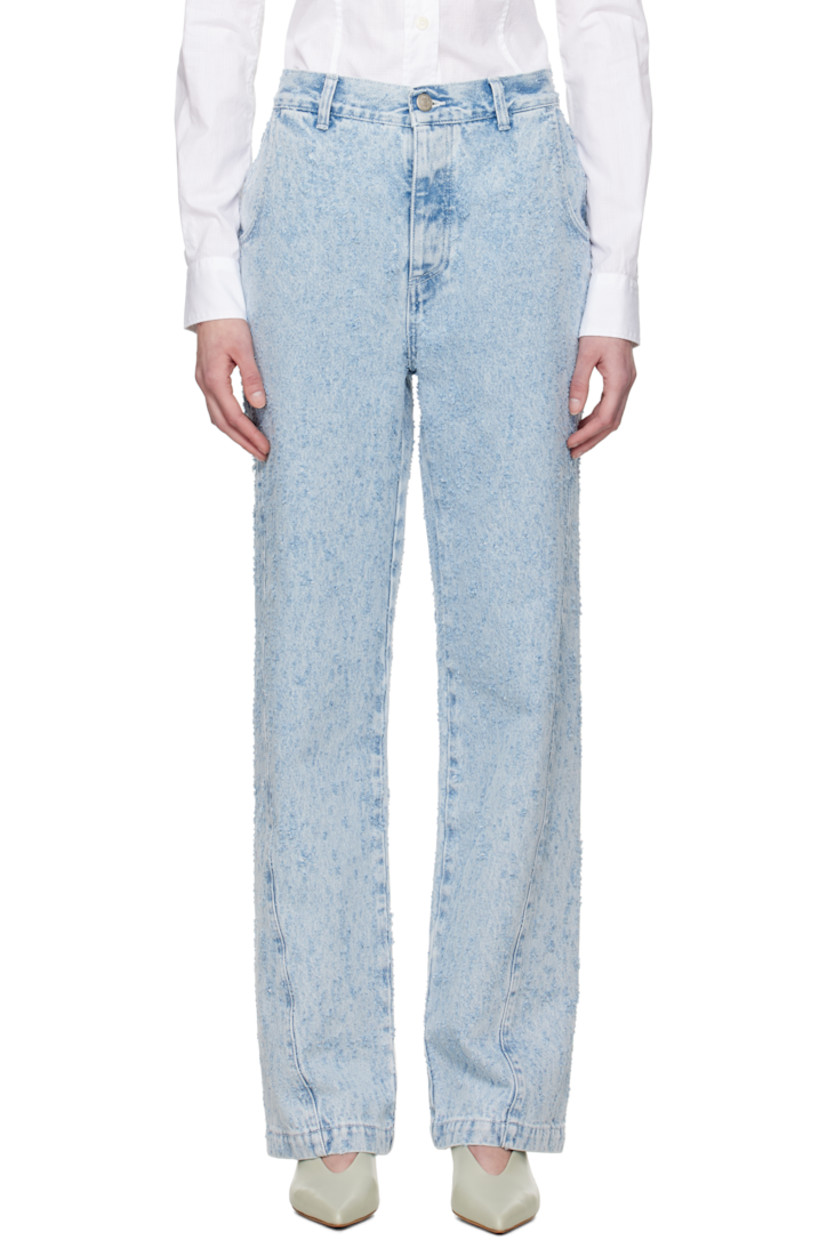 Non-stretch organic cotton denim jeans. Pilling and fading throughout.

· Relaxed-fit and straight-leg
· Mid-rise
· Belt loops
· Four-pocket styling
· Button fly
· Twisted side seams
· Logo-engraved silver-tone hardware

Supplier color: Light blue punch out