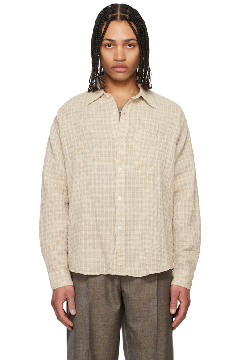 Cotton- and linen-blend seersucker shirt. Check pattern throughout.

· Spread collar
· Button closure
· Patch pocket at chest
· Shirttail hem
· Single-button barrel cuffs
· Box pleat at back yoke

Supplier color: Beige structure check