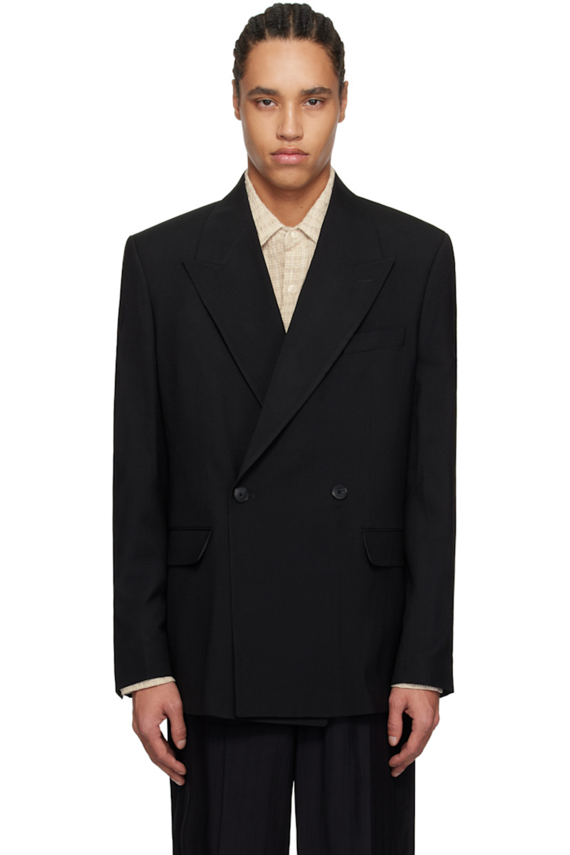 Wool barathea blazer.

· Peaked lapel
· Double-breasted button closure
· Welt pocket at chest
· Flap pockets
· Padded shoulders
· Surgeon's cuffs
· Central vent at back hem
· Welt pockets at interior
· Full recycled polyester satin lining

Supplier color: Black tropical wool