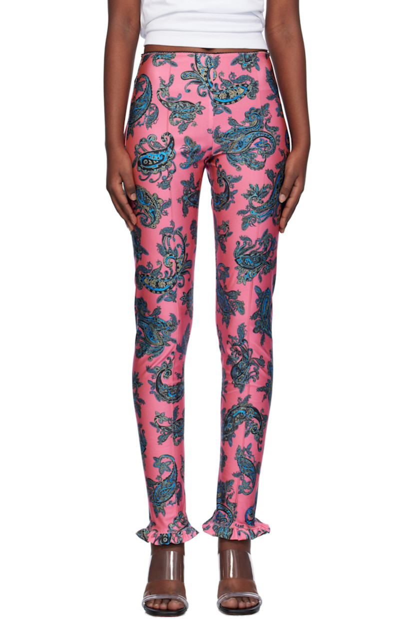 Stretch polyester jersey leggings. Paisley pattern and pinched seams throughout.

· Picot trim at elasticized waistband
· Ruffled trim at cuffs

Supplier color: Pink