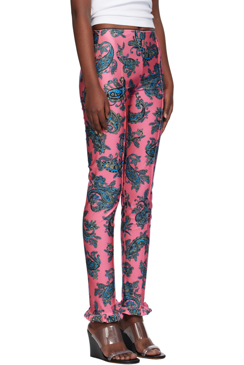Stretch polyester jersey leggings. Paisley pattern and pinched seams throughout.

· Picot trim at elasticized waistband
· Ruffled trim at cuffs

Supplier color: Pink