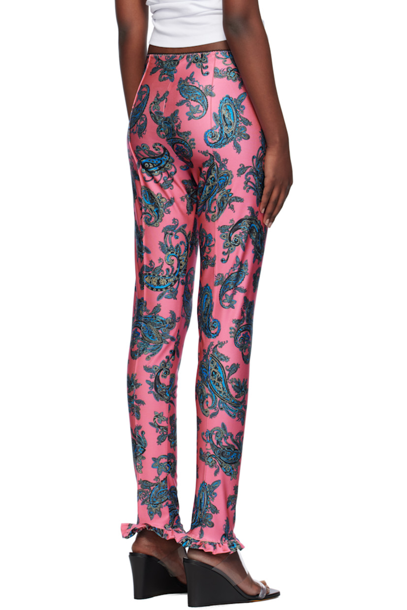 Stretch polyester jersey leggings. Paisley pattern and pinched seams throughout.

· Picot trim at elasticized waistband
· Ruffled trim at cuffs

Supplier color: Pink