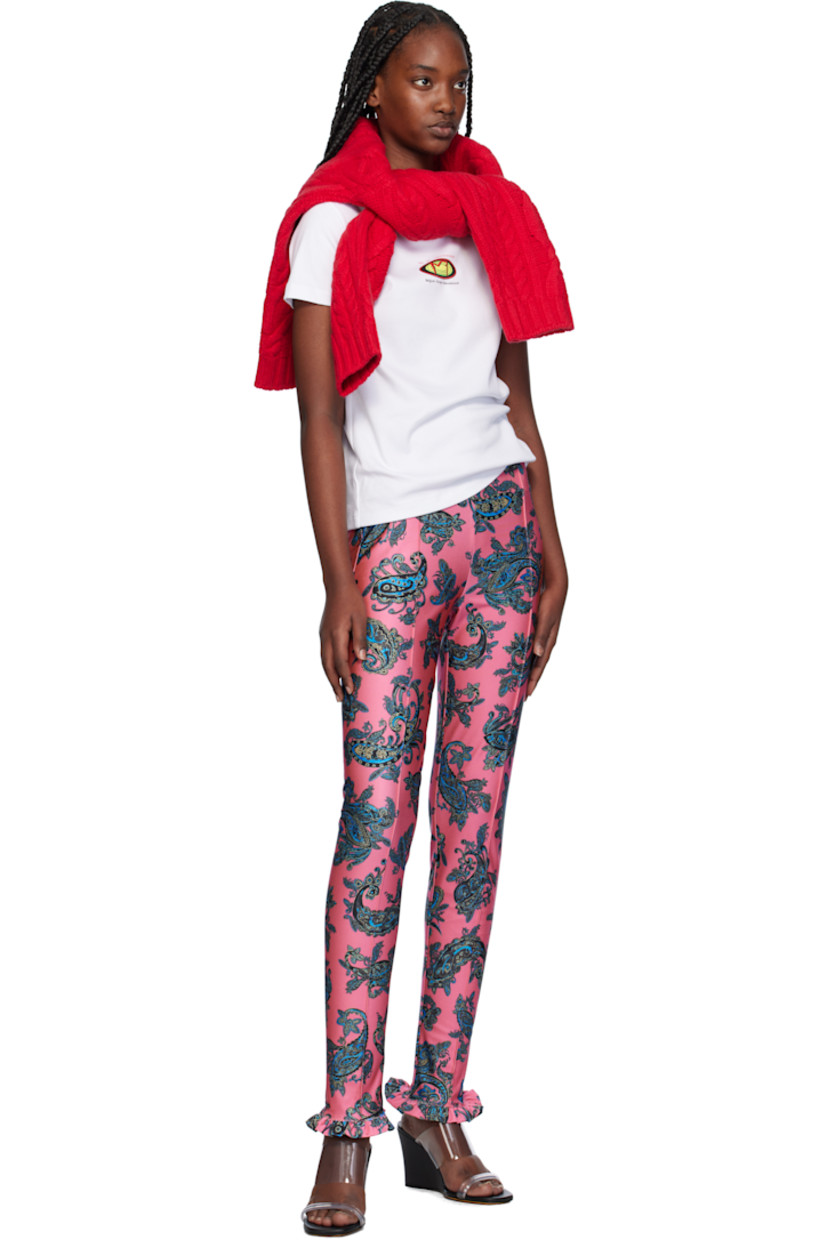 Stretch polyester jersey leggings. Paisley pattern and pinched seams throughout.

· Picot trim at elasticized waistband
· Ruffled trim at cuffs

Supplier color: Pink