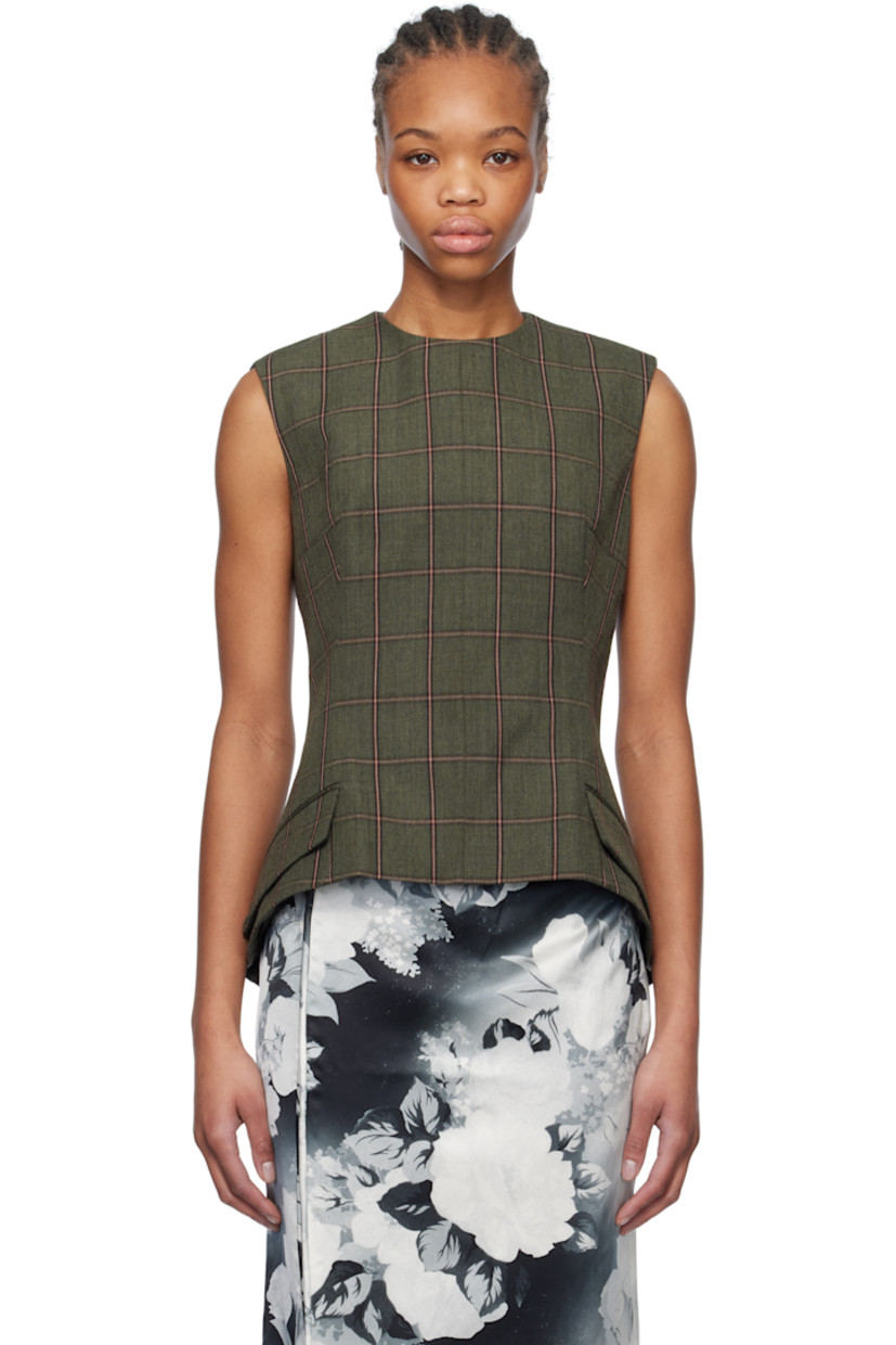 Wool delaine top. Check pattern throughout. 

· Crewneck
· Darts at chest 
· Mock flap pockets at front
· Flared hem
· Button closure at back
· Full viscose twill lining
· Corozo hardware

Supplier color: Hunter green