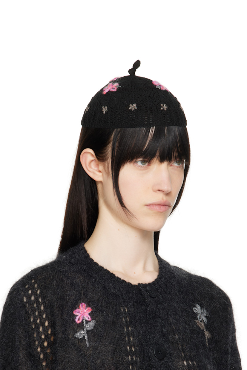 Knit mohair-blend beanie in black.

· Hand-embroidered floral detailing throughout
· Knotted accent at crown

Part of the Magliano x Cormio collaboration.

Supplier color: Black