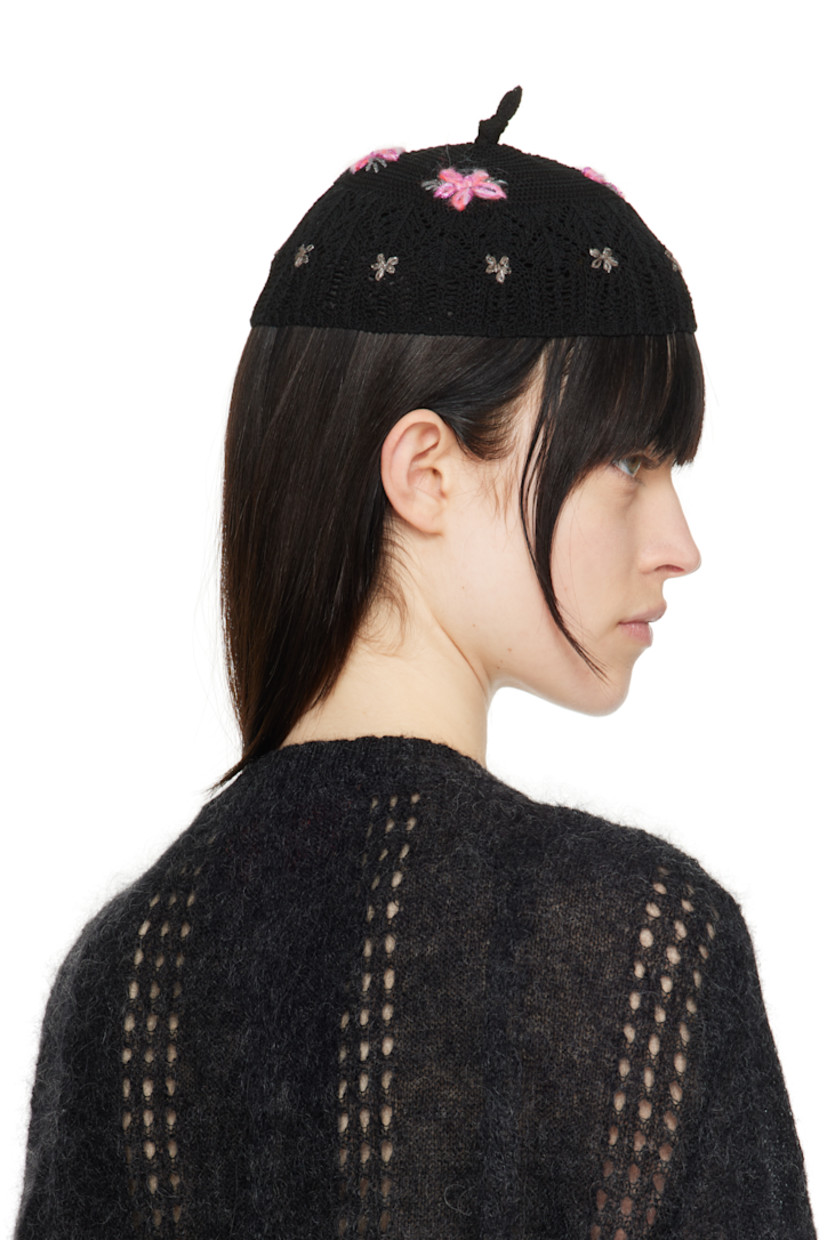 Knit mohair-blend beanie in black.

· Hand-embroidered floral detailing throughout
· Knotted accent at crown

Part of the Magliano x Cormio collaboration.

Supplier color: Black