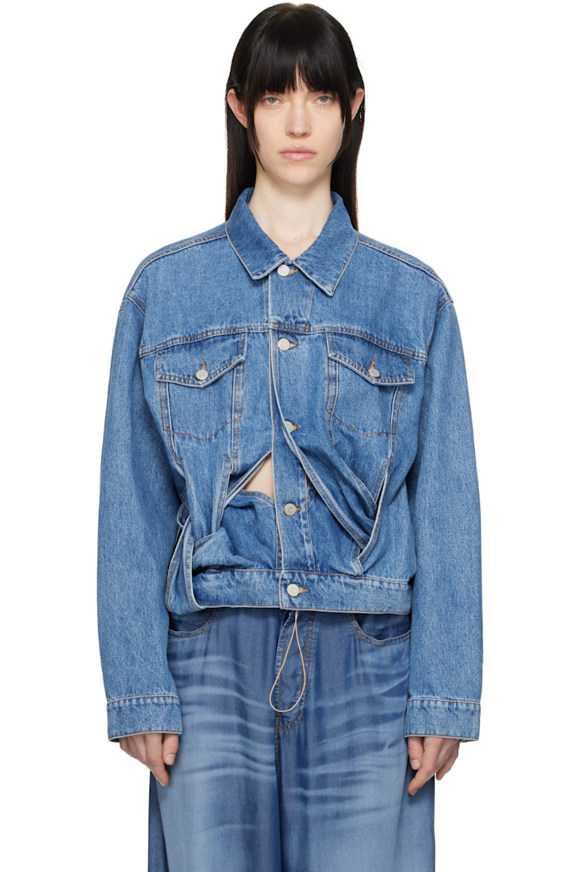 Non-stretch denim jacket. Fading throughout. 

· Paneled construction 
· Spread collar
· Button closure
· Flap pockets
· Twisted detailing and cutouts at front
· Barrel cuffs
· Adjustable button tabs at back hem
· Logo-engraved silver-tone hardware
· Contrast stitching in tan 

Supplier color: Officina blue