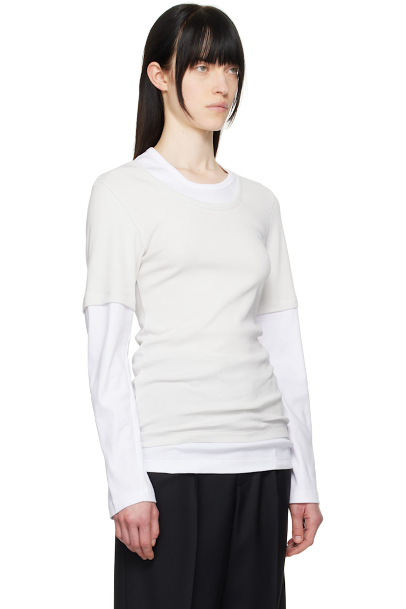 Rib-knit stretch cotton T-shirt. 

· Jersey trim at crewneck, hem, and sleeves
· Logo embroidered at chest

Supplier color: White