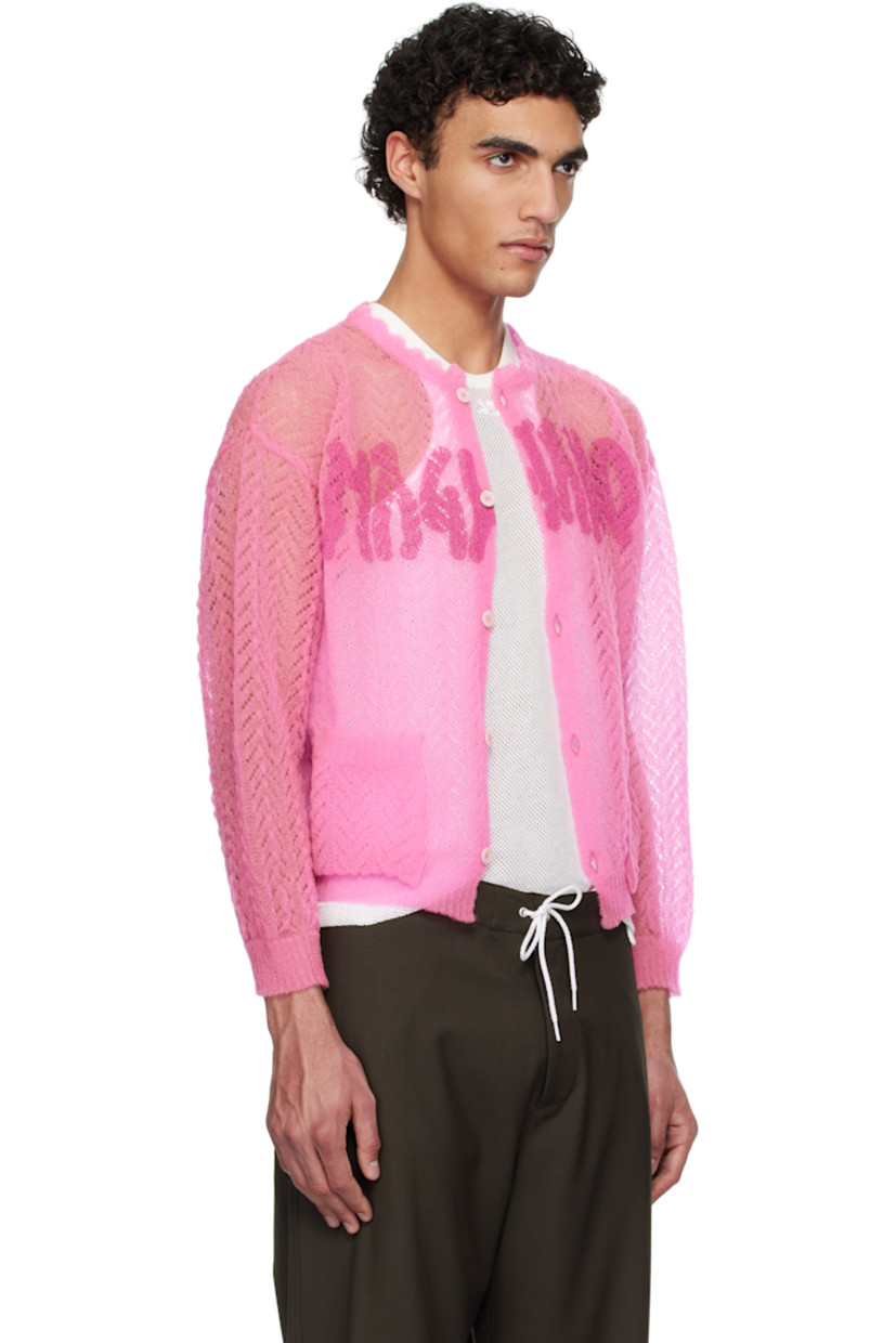 Semi-sheer nylon pointelle cardigan.

· Scalloped edge at round neck
· Button closure
· Logo printed at front
· Patch pockets
· Rib-knit hem and cuffs

Supplier color: Pink