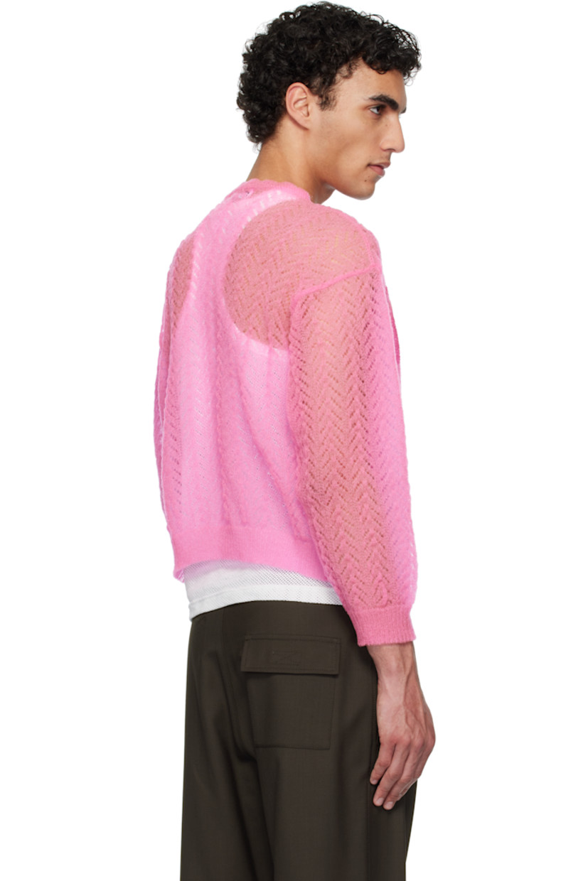 Semi-sheer nylon pointelle cardigan.

· Scalloped edge at round neck
· Button closure
· Logo printed at front
· Patch pockets
· Rib-knit hem and cuffs

Supplier color: Pink