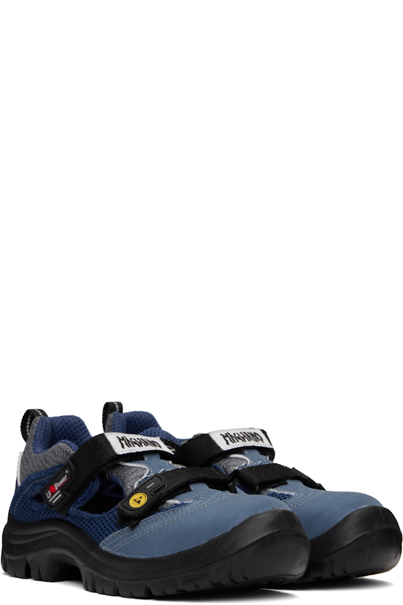 Low-top paneled knit, canvas, and mesh sneakers in tones of blue. 

· Abrasion- and oil-resistant
· Anti-slip and anti-static 
· Perforations at toe
· Logo patch at velcro closure
· Padded tongue and collar
· Pull-loop at heel collar
· Cutouts at sides
· Treaded rubber sole 

Supplier color: Dark mix