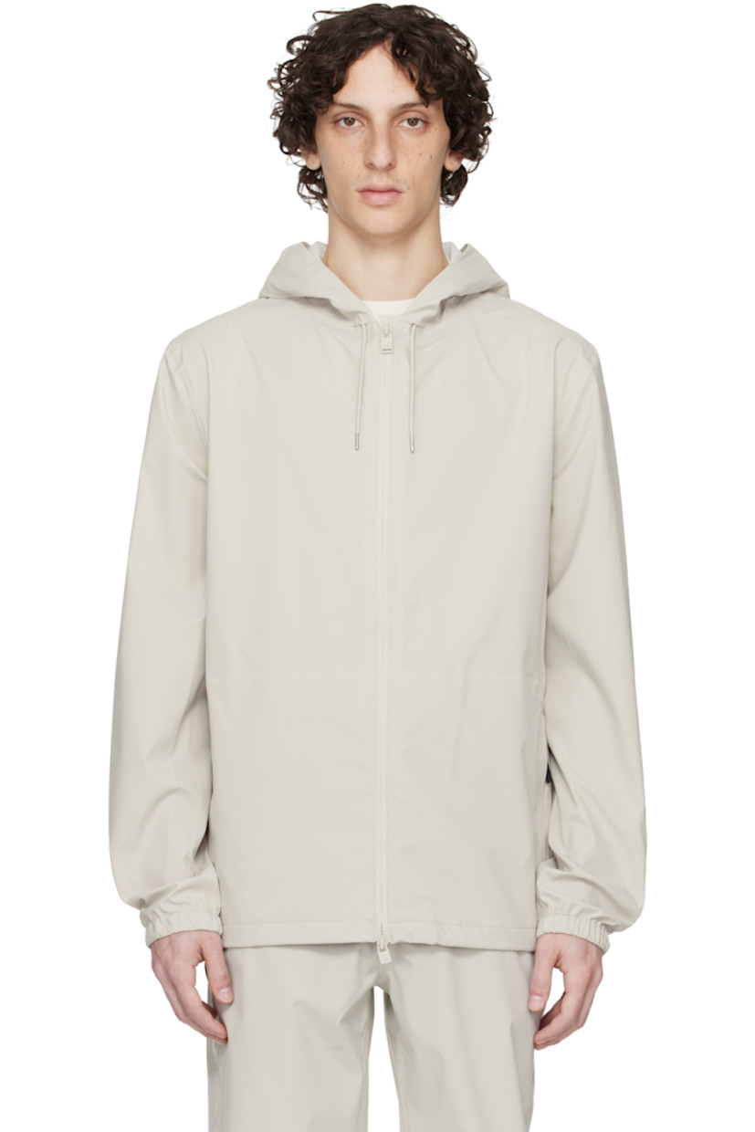 Lightweight 3L polyester taffeta rain jacket. 

· Waterproof and windproof
· Drawstring at hood
· Two-way zip closure
· Zip seam pockets 
· Bungee-style drawstring at hem
· Logo printed at sleeve
· Elasticized cuffs
· Taped seams at interior

Supplier color: Matrix