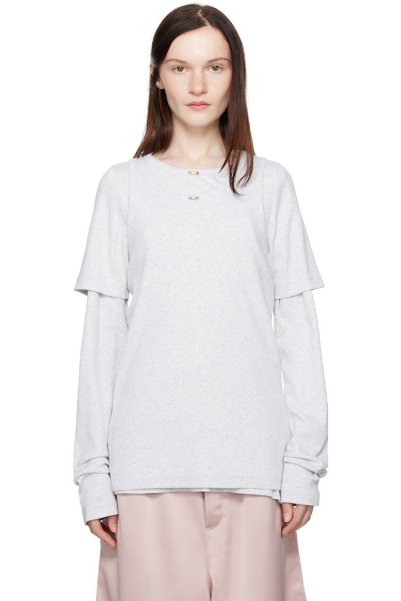 Stretch cotton ribbed jersey T-shirt. Detachable T-shirt and tank top overlays.

· Layered construction
· Floral appliqué at collars
· Logo flag at side seams

Supplier color: Grey