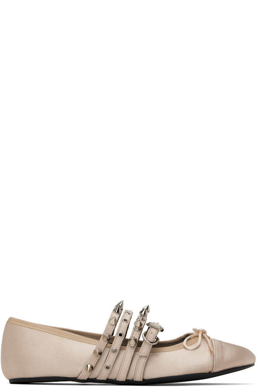 Satin ballerina flats in beige. 

· Bow at vamp
· Pin-buckle strap at vamp
· Grommets, studs, and D-rings at vamp straps
· Grosgrain trim at collar 
· Logo embossed at padded leather footbed
· Foam rubber sole

Supplier color: Pink