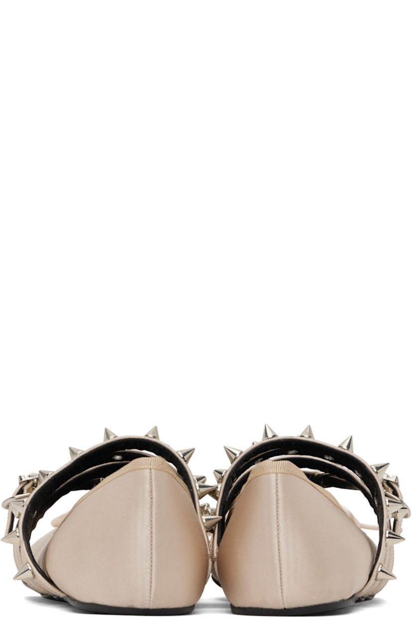 Satin ballerina flats in beige. 

· Bow at vamp
· Pin-buckle strap at vamp
· Grommets, studs, and D-rings at vamp straps
· Grosgrain trim at collar 
· Logo embossed at padded leather footbed
· Foam rubber sole

Supplier color: Pink