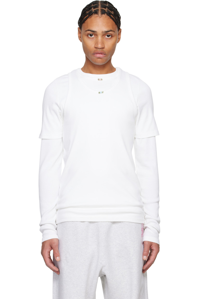 Stretch cotton ribbed jersey T-shirt. Detachable T-shirt and tank top overlays.

· Layered construction
· Floral appliqué at collars
· Logo flag at side seams

Supplier color: White