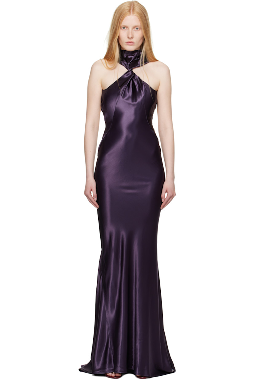 Viscose satin maxi dress. 

· Mock neck
· Twisted detailing at chest and shoulder straps
· Button fastening at back collar
· Concealed zip closure at low back 

Supplier color: Purple