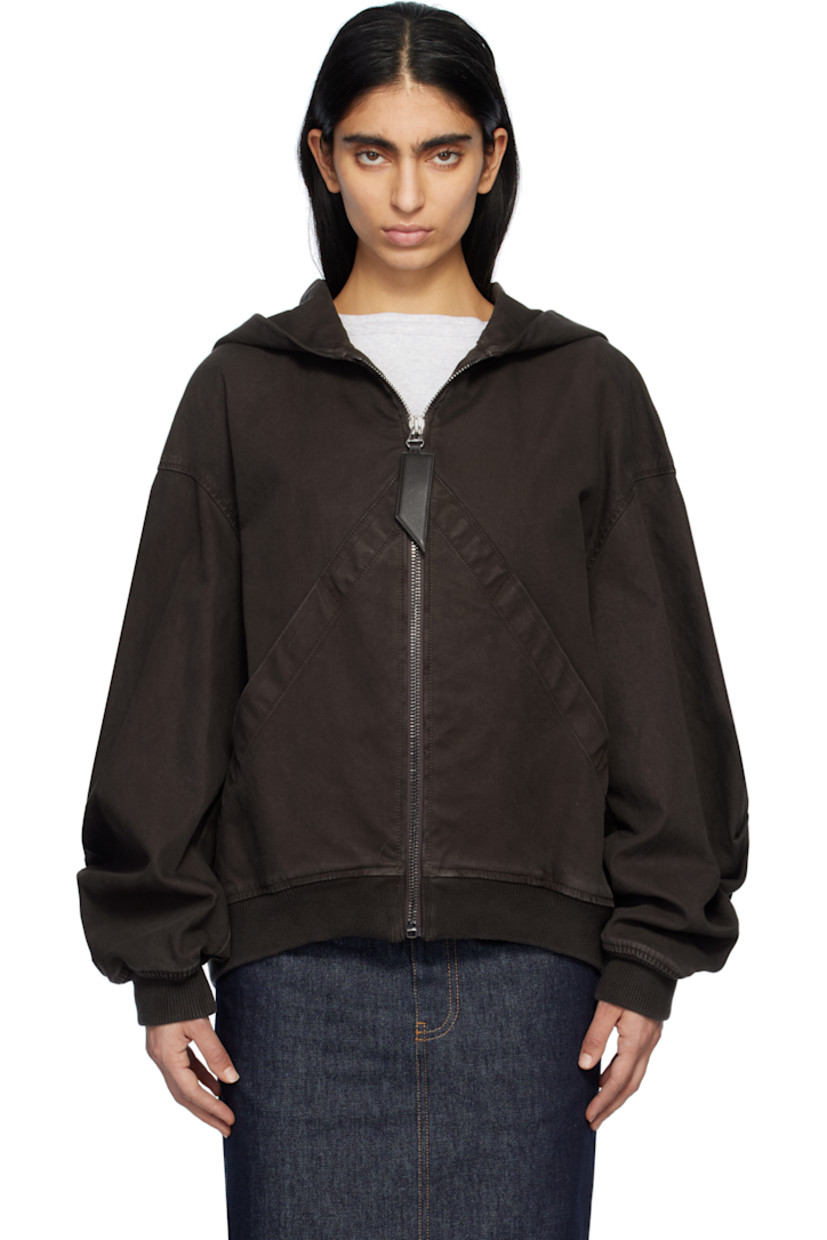 Cotton drill bomber jacket.

· Hood at stand collar
· Zip closure
· Patch pockets
· Rib-knit hem and cuffs
· Dropped shoulders
· Darts at elbows
· Unlined

Supplier color: Brown