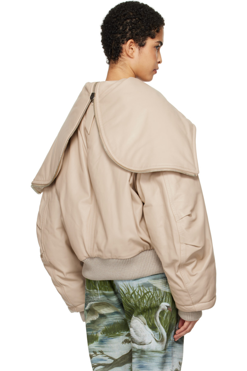 Padded buffed lambskin bomber jacket. 

· Drawstring and zip vent at hood
· Funnel neck
· Two-way zip closure
· Welt pockets
· Rib-knit hem and inset cuffs
· Dropped shoulders
· Darts at sleeves
· Welt pocket at interior
· Full logo-woven viscose twill lining

Supplier color: Ivory