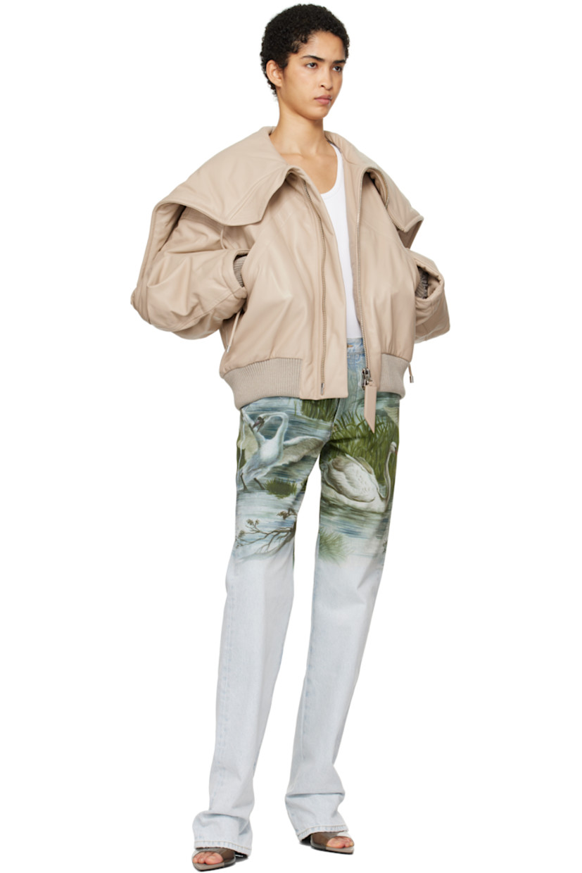 Padded buffed lambskin bomber jacket. 

· Drawstring and zip vent at hood
· Funnel neck
· Two-way zip closure
· Welt pockets
· Rib-knit hem and inset cuffs
· Dropped shoulders
· Darts at sleeves
· Welt pocket at interior
· Full logo-woven viscose twill lining

Supplier color: Ivory
