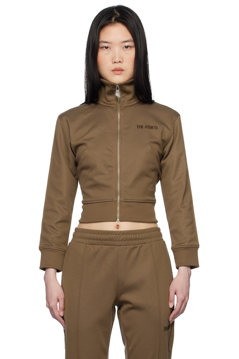 Cotton-blend jersey track jacket.

· Rib-knit funnel neck, hem, and cuffs
· Zip closure
· Logo bonded at chest
· Patch pockets

Supplier color: Brown