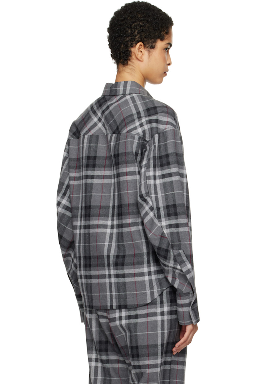 Cotton-blend flannel shirt. Check pattern throughout. 

· Spread collar
· Button closure
· Logo embroidered at chest
· Asymmetric shirttail hem
· Dropped shoulders
· Darts at single-button barrel cuffs

Supplier color: Grey