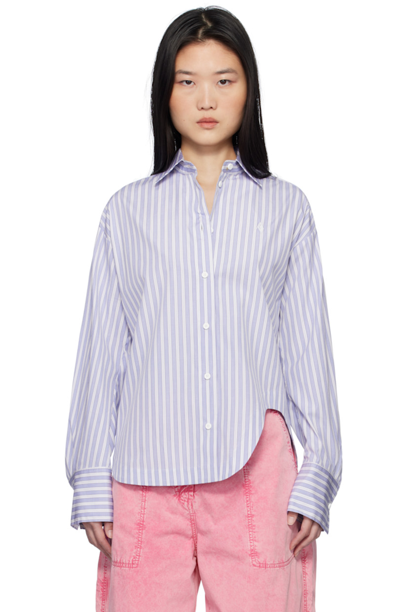 Cotton poplin shirt. Stripes throughout.

· Spread collar
· Button closure
· Logo embroidered at chest 
· Asymmetric shirttail hem
· Dropped shoulders
· Pleated single-button barrel cuffs

Supplier color: White/Navy blue