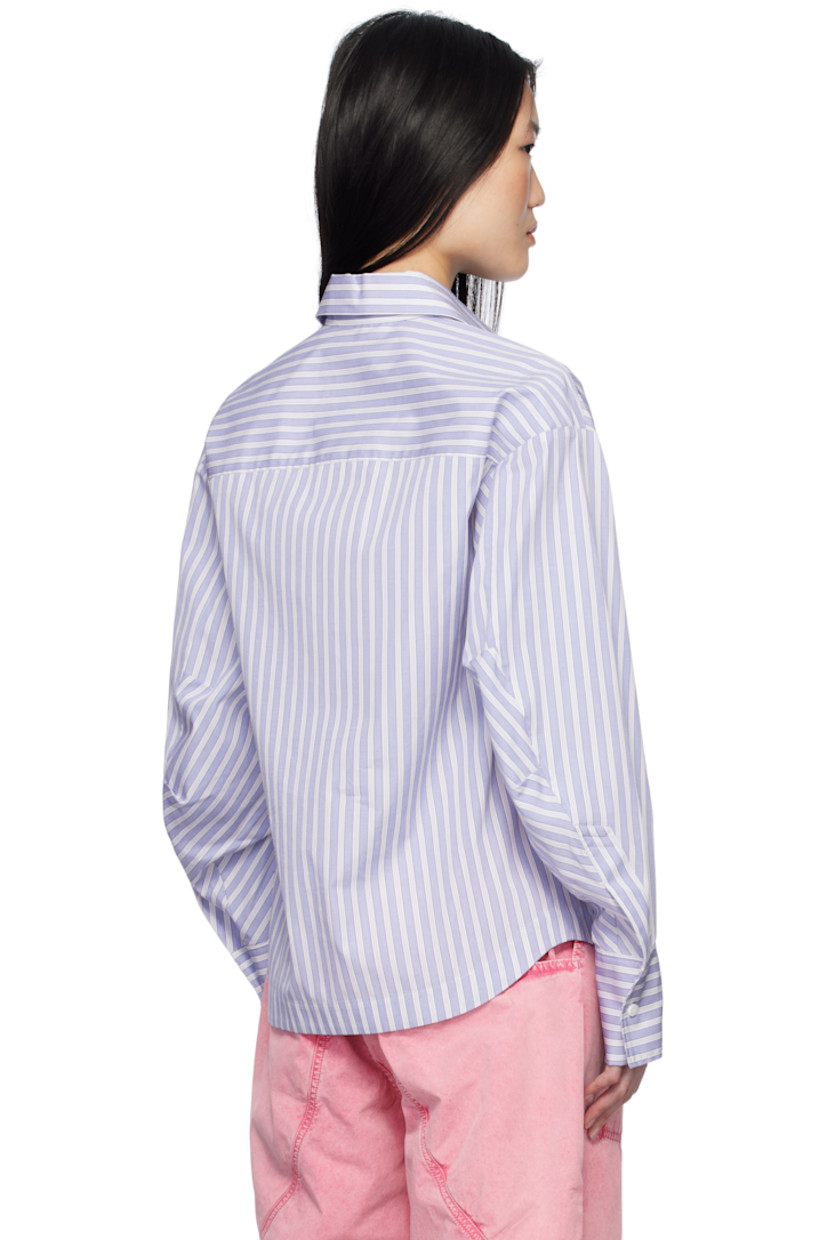 Cotton poplin shirt. Stripes throughout.

· Spread collar
· Button closure
· Logo embroidered at chest 
· Asymmetric shirttail hem
· Dropped shoulders
· Pleated single-button barrel cuffs

Supplier color: White/Navy blue