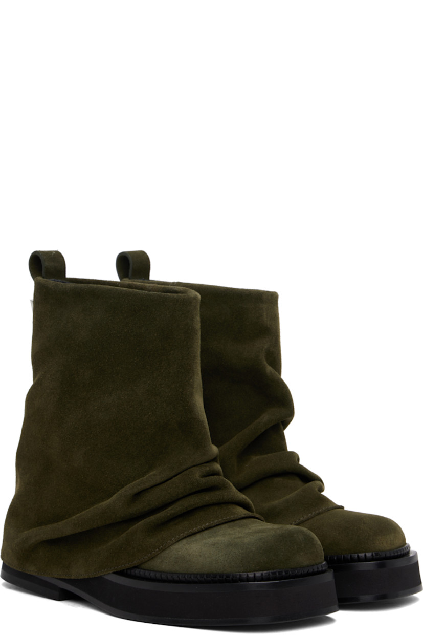 Ankle-high suede boots in khaki.

· Layered construction
· Square toe
· Pull-loop and logo hardware at heel collar
· Buffed leather lining
· Serrated edge at welt
· Stacked foam rubber midsole and heel
· Leather sole
· Heel: H1.75"

Supplier color: Powder green