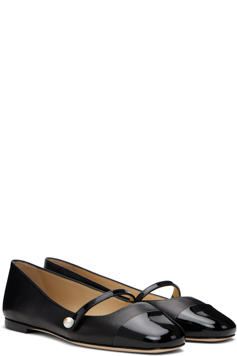 Grained nappa leather ballerina flats.

· Square patent leather cap toe
· Faux-pearl and logo hardware at fixed strap
· Nubuck sole

Supplier color: Black/Black