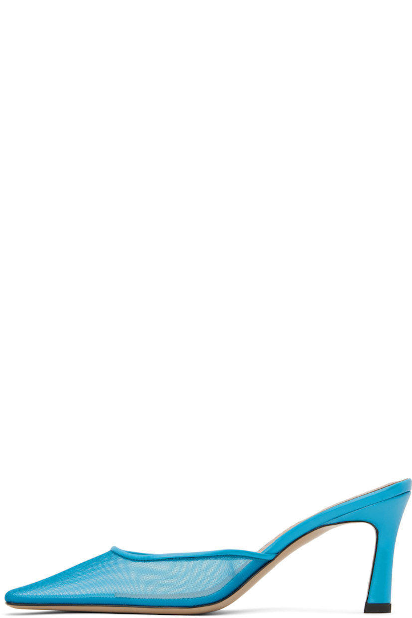 Mesh mules in blue. 

· Pointed square toe
· Logo embossed at leather footbed
· Covered stiletto heel with rubber injection
· Polished leather sole
· Heel: H3"

Supplier color: Bright light blue