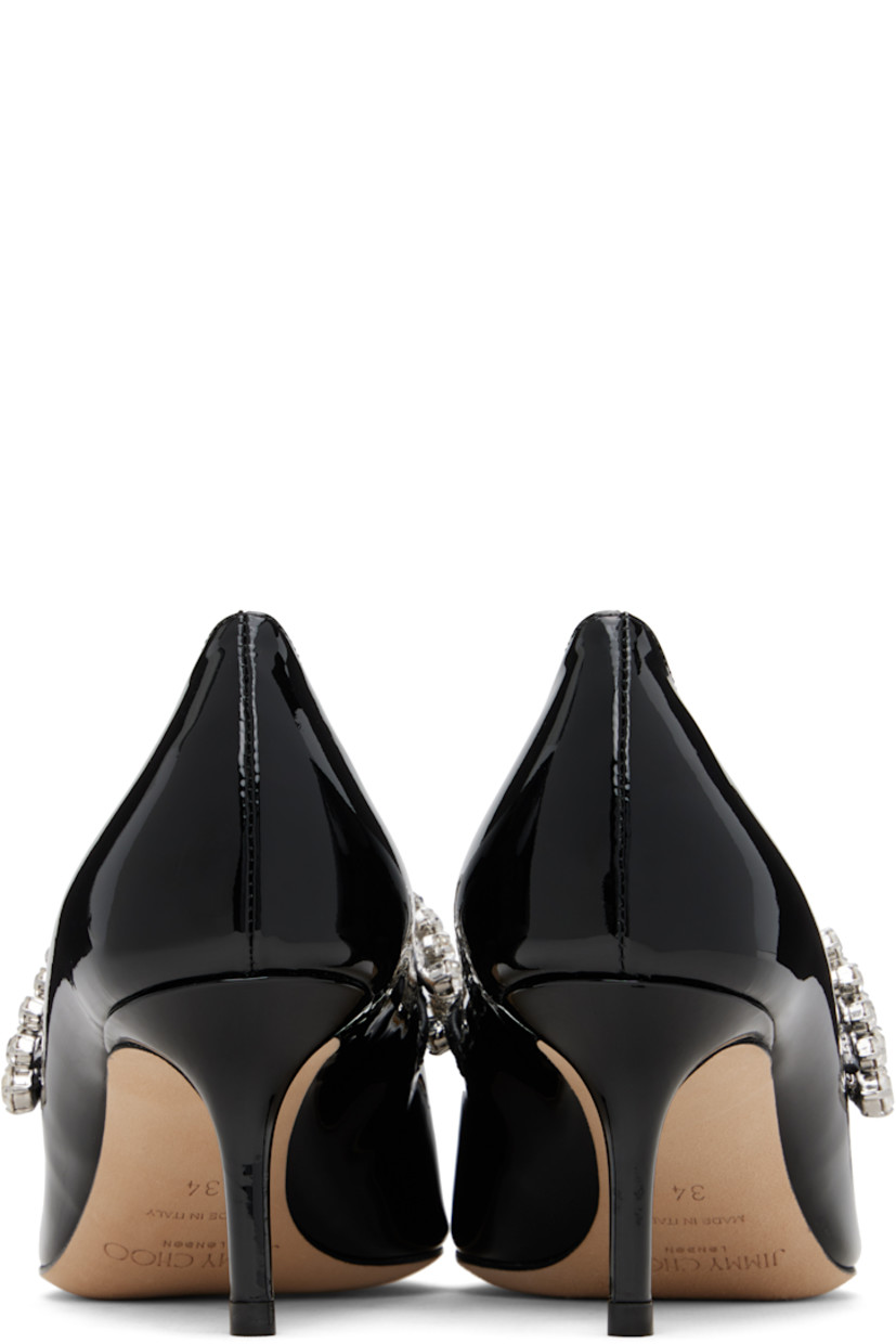 Patent leather heels.

· Pointed toe
· Crystal-cut accents at fixed strap
· Covered stiletto heel
· Nubuck sole
· Heel: H2.5"

Supplier color: Black