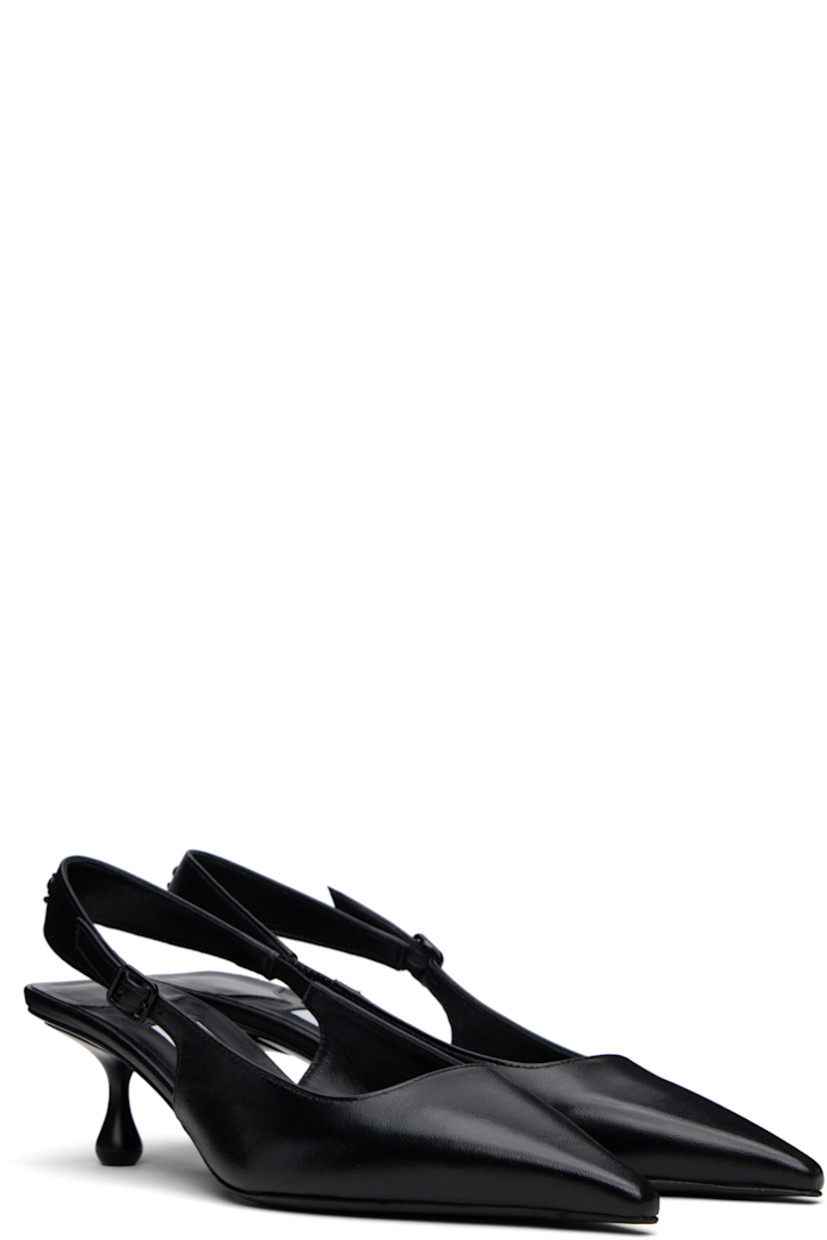 Nappa leather heels in black. 

· Pointed toe
· Partially elasticized pin-buckle slingback strap
· Logo hardware at strap
· Kitten heel with rubber injection
· Leather sole with rubber injection
· Heel: H2"

Supplier color: Black