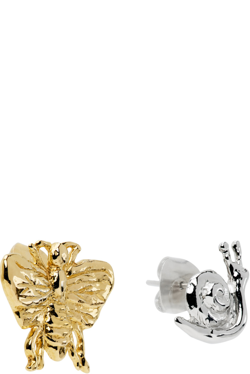 Pair of mismatched stud earrings in gold-tone and palladium-plated brass.

· Post-stud fastening
· H0.5" x W0.75"; H1" x W1"

Supplier color: Gold/Silver
