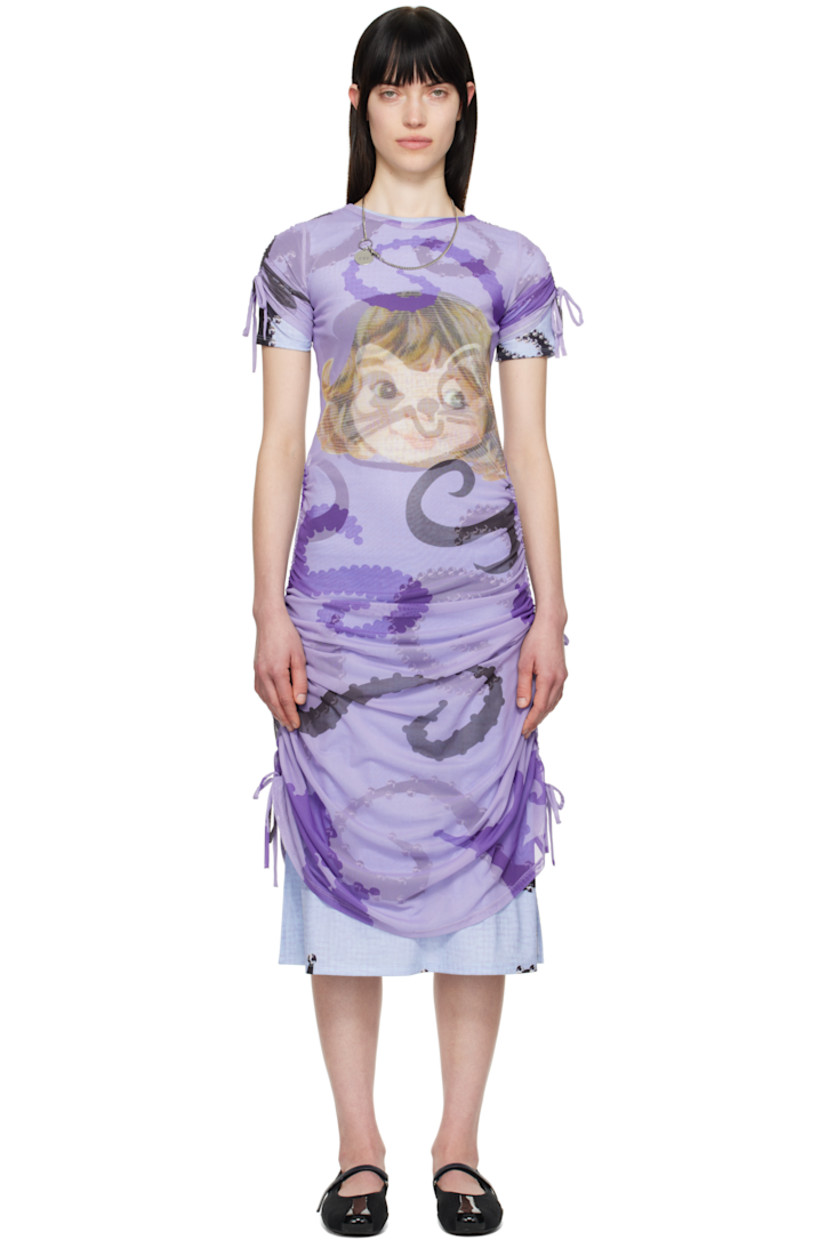 Stretch recycled polyester mesh and jersey midi dress. Graphic pattern printed throughout.

· Layered construction
· Crewneck
· Graphic printed at front
· Ruching with drawstring at side seams and sleeves

Supplier color: Blue/Purple