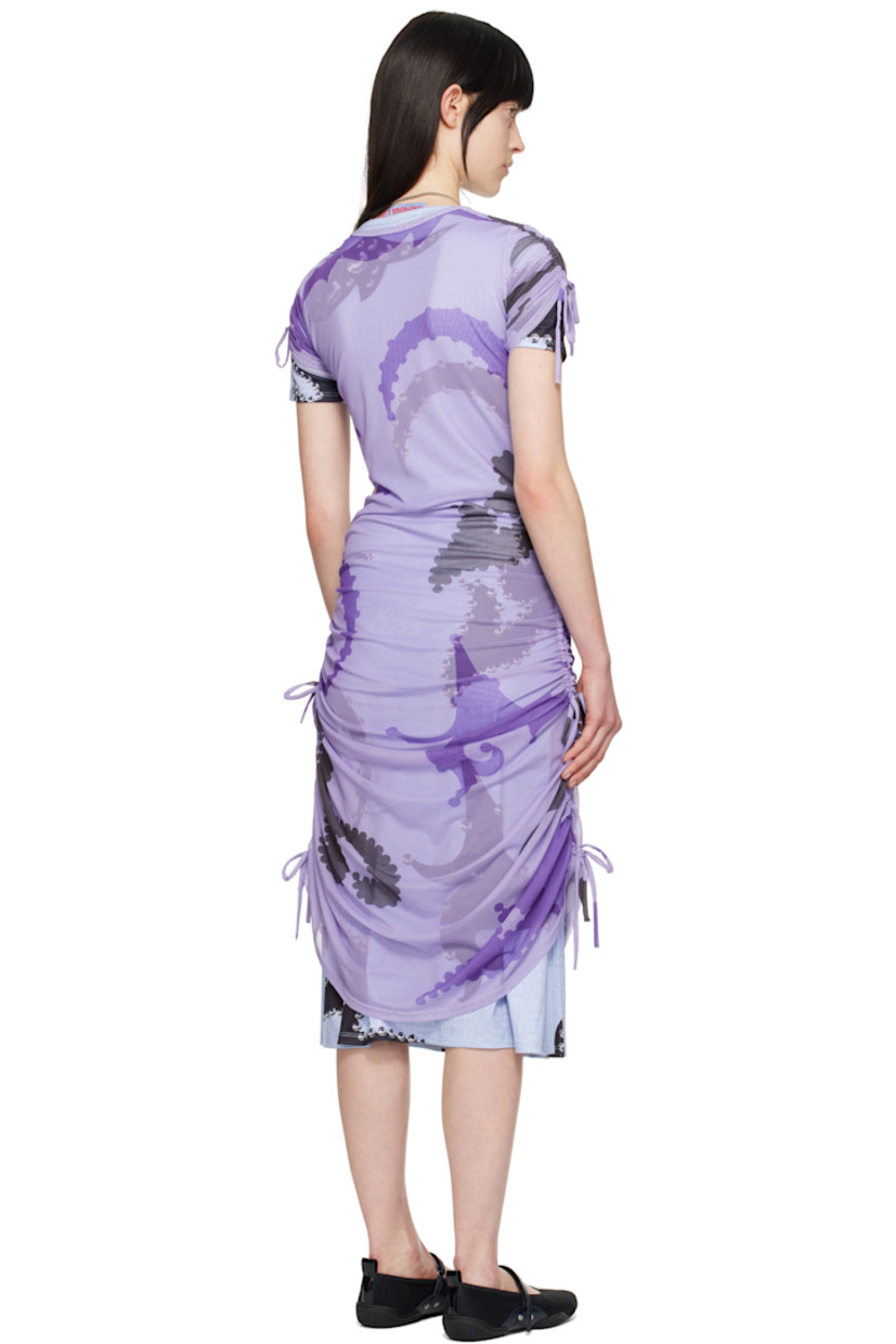 Stretch recycled polyester mesh and jersey midi dress. Graphic pattern printed throughout.

· Layered construction
· Crewneck
· Graphic printed at front
· Ruching with drawstring at side seams and sleeves

Supplier color: Blue/Purple