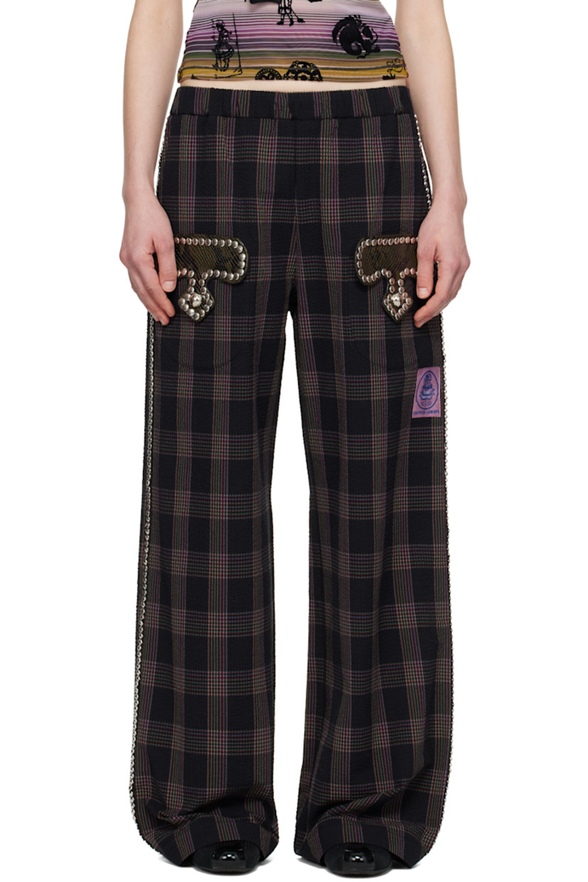 Cotton seersucker trousers. Check pattern printed throughout. 

· Elasticized waistband
· Two-pocket styling
· Snake-embossed leather trim and studs at pockets
· Embroidered logo patch at leg
· Studded trim at outseams

Supplier color: Rainbow tartan