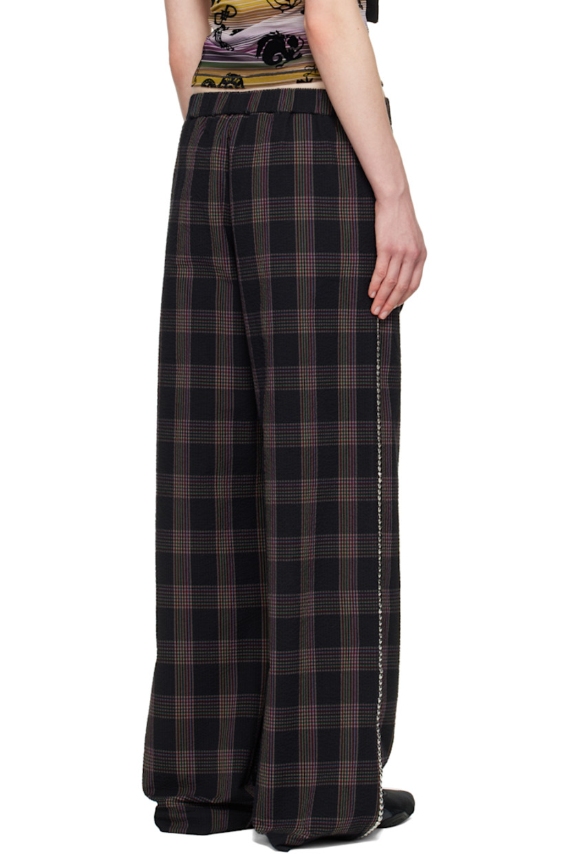 Cotton seersucker trousers. Check pattern printed throughout. 

· Elasticized waistband
· Two-pocket styling
· Snake-embossed leather trim and studs at pockets
· Embroidered logo patch at leg
· Studded trim at outseams

Supplier color: Rainbow tartan