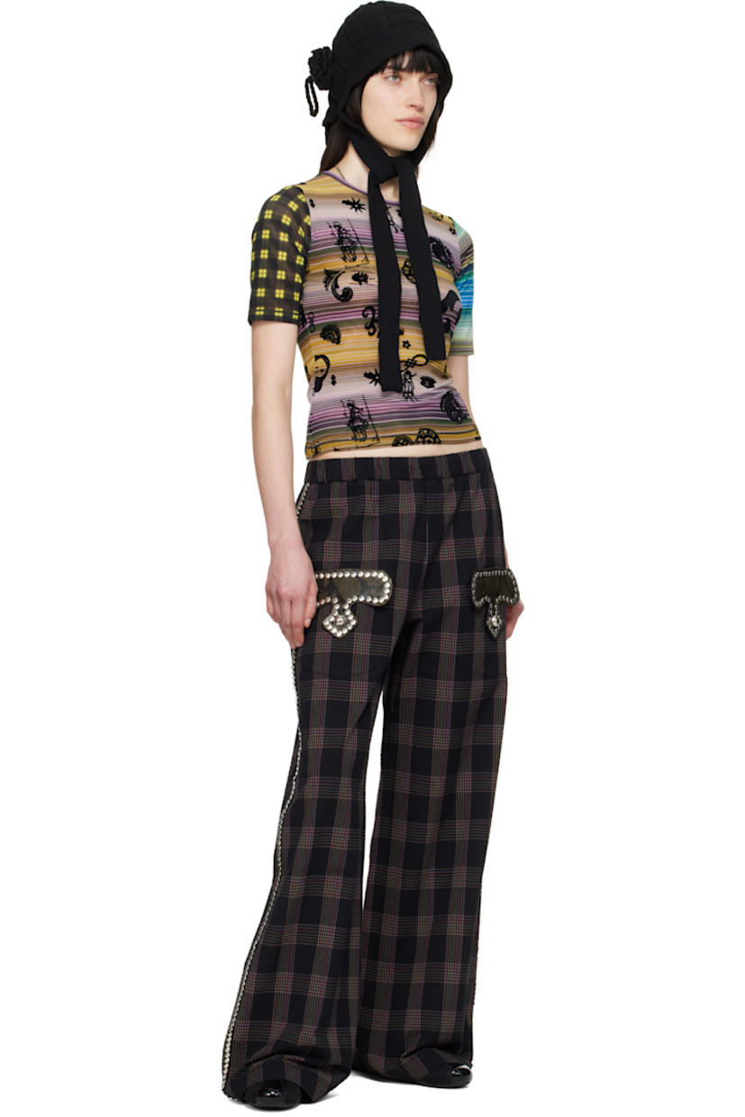 Cotton seersucker trousers. Check pattern printed throughout. 

· Elasticized waistband
· Two-pocket styling
· Snake-embossed leather trim and studs at pockets
· Embroidered logo patch at leg
· Studded trim at outseams

Supplier color: Rainbow tartan